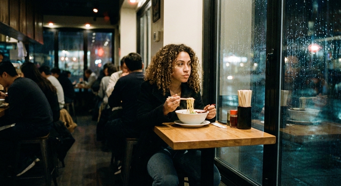 Mulher jovem sentada sozinha em uma mesa de restaurante, sorrindo enquanto faz sua refeição, em um ambiente moderno e aconchegante, representando momento de autocuidado e independência.